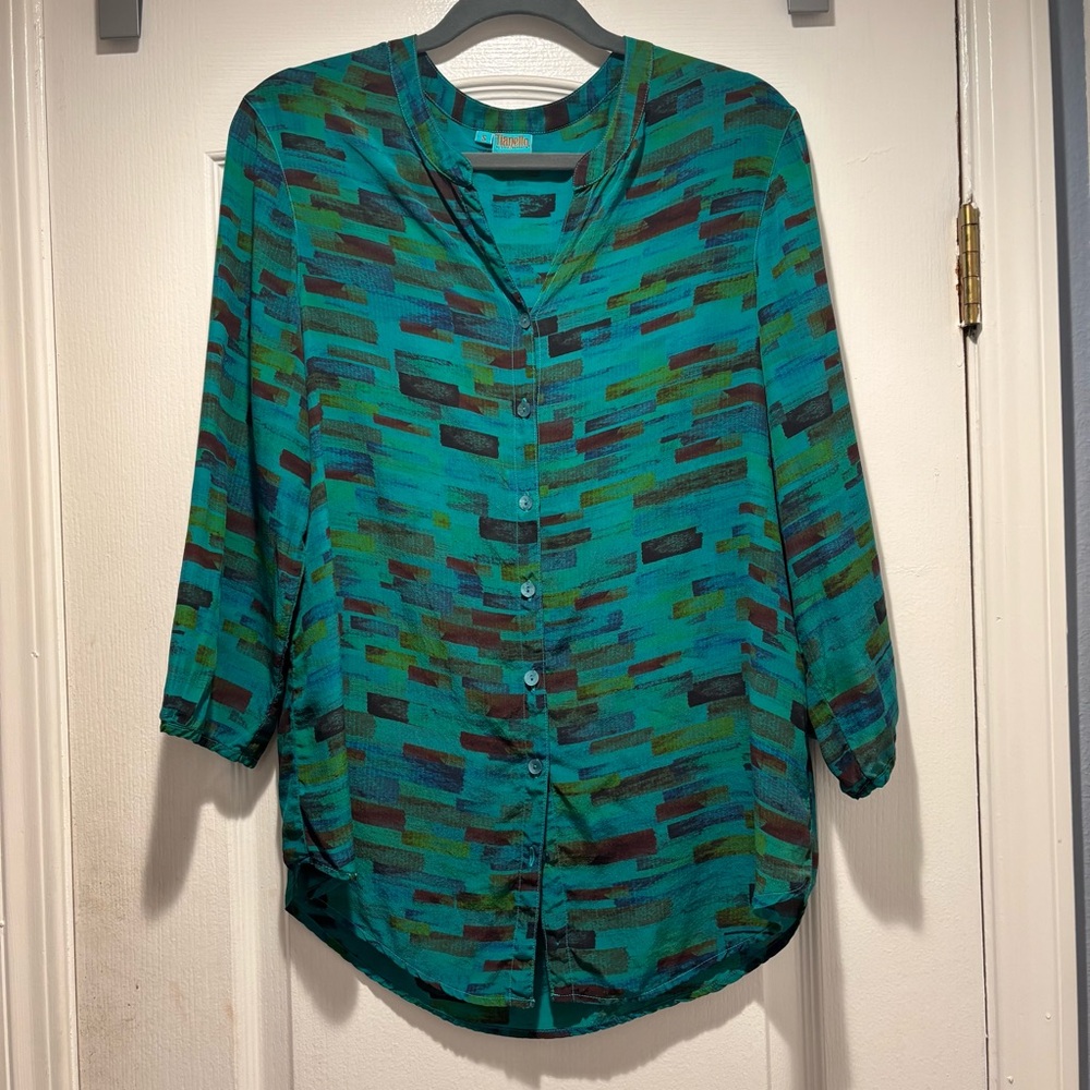 Tianello Steve Barraza Washable Silk Button Front Blouse Top Green Size S